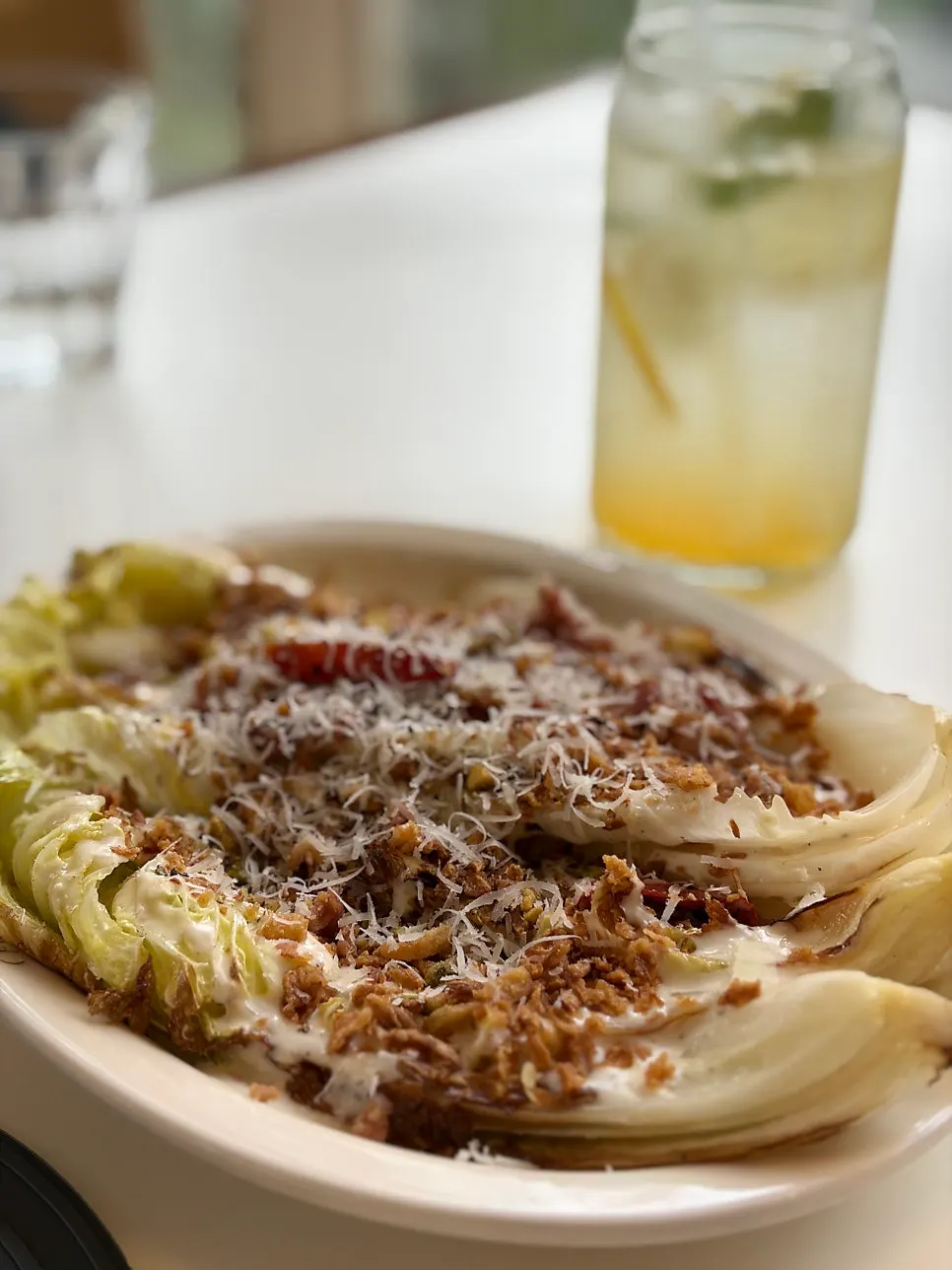 Napa cabbage Caesar salad cut into easy-to-eat pieces