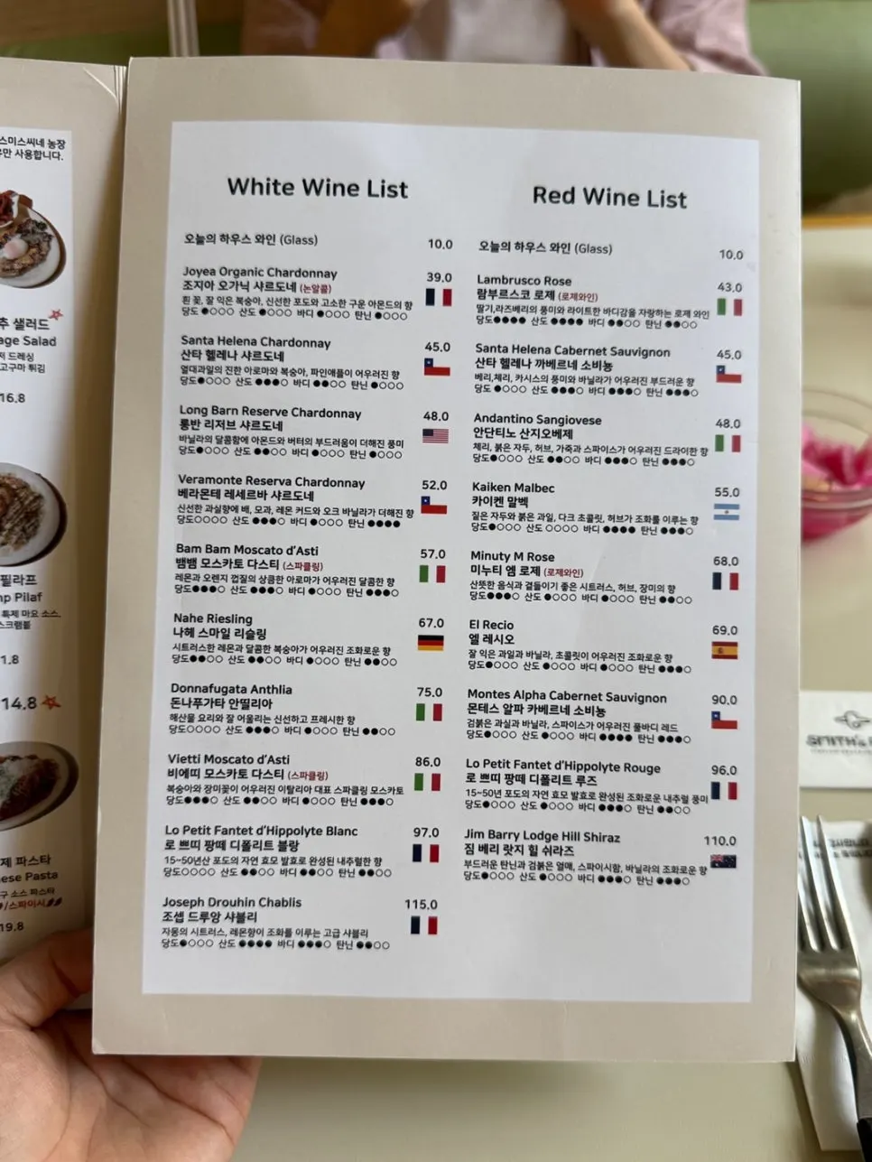 Drink and wine list