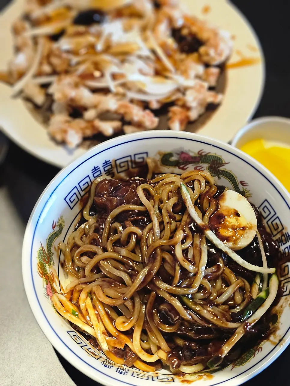 Jajangmyeon generously topped with black bean sauce