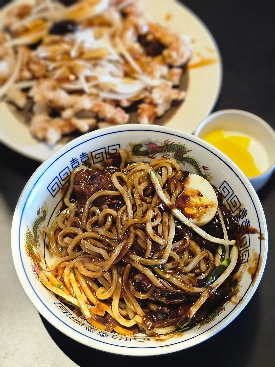 Close-up of jajangmyeon before mixing