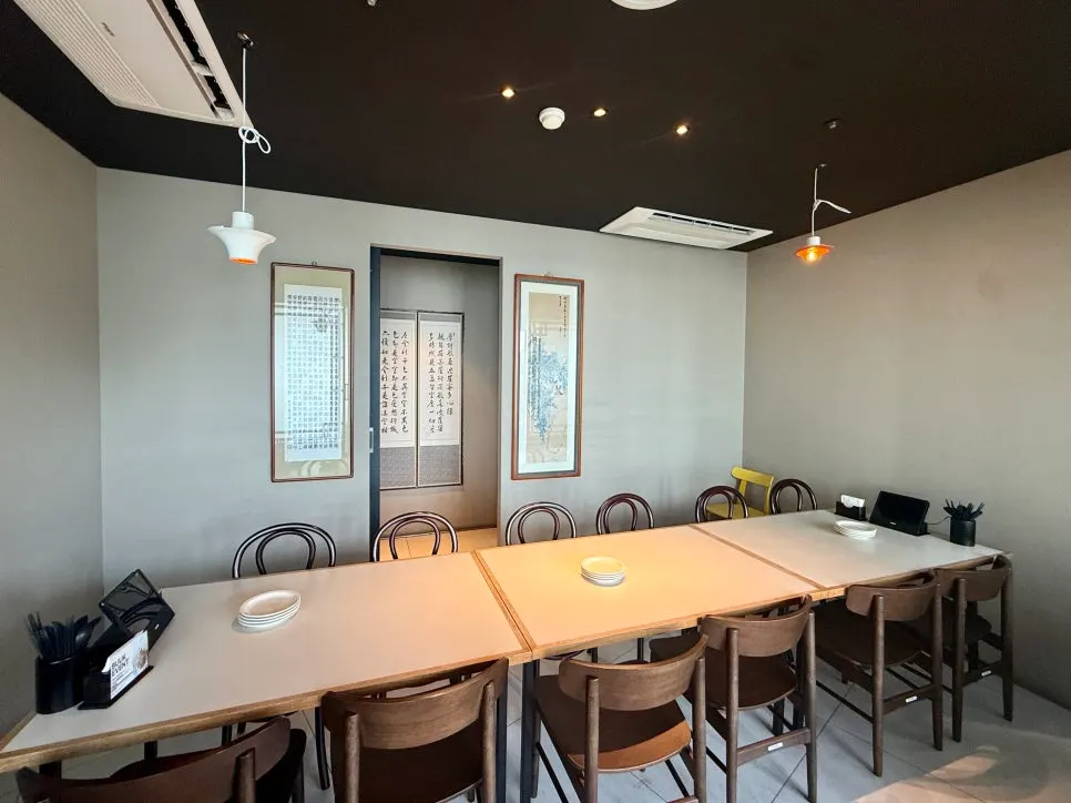 Interior with bubble lamps on the ceiling and European-style furniture