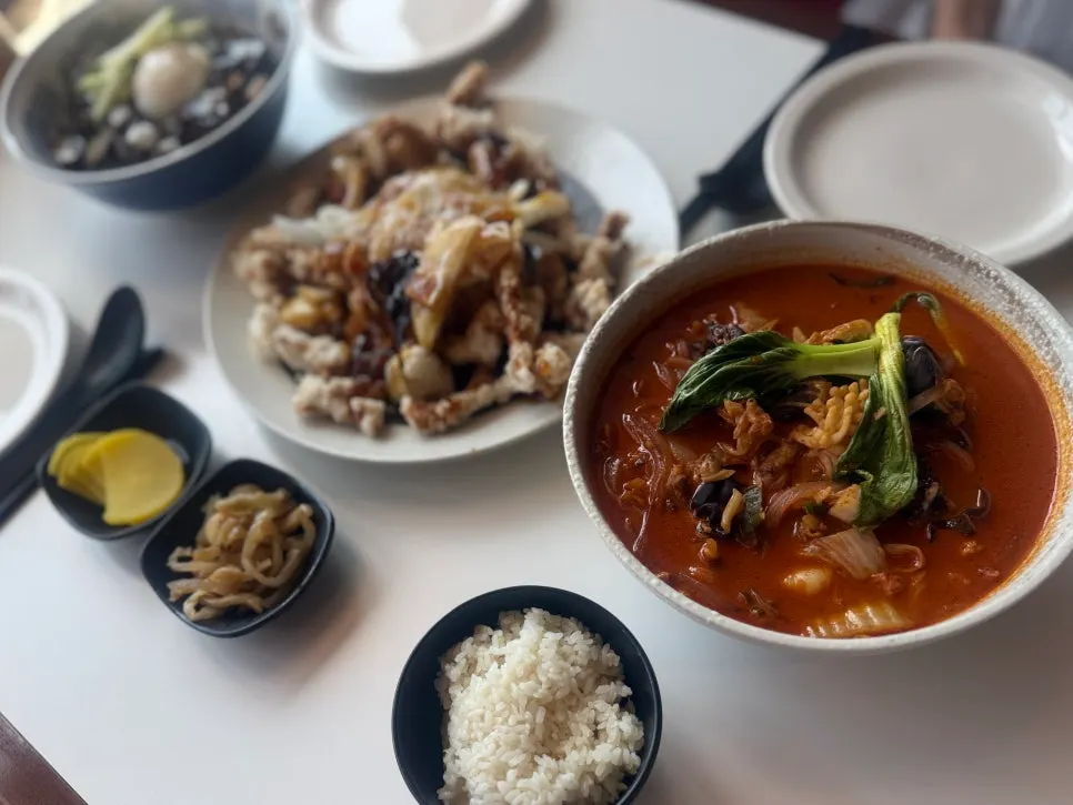 Three Chinese dishes served on the table