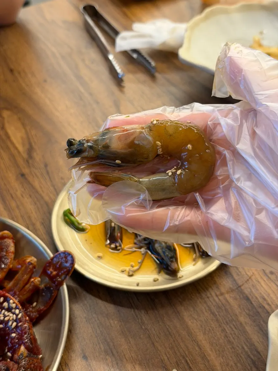 Close-up of plump soy-marinated shrimp