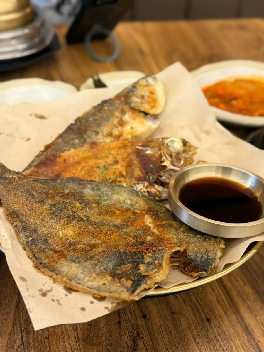 Close-up of the crispy grilled fish flesh