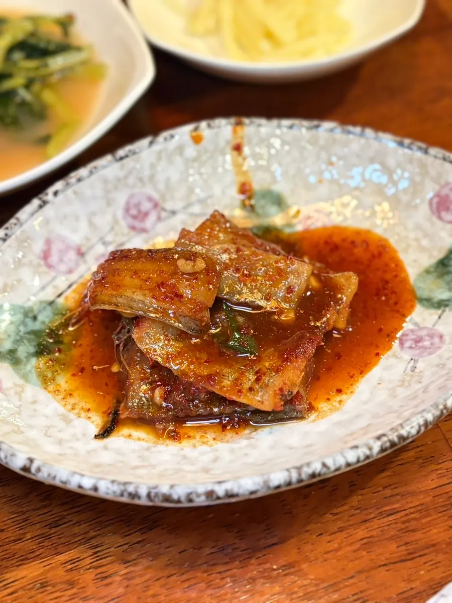 Close-up of Namcheonjip's banchan plates