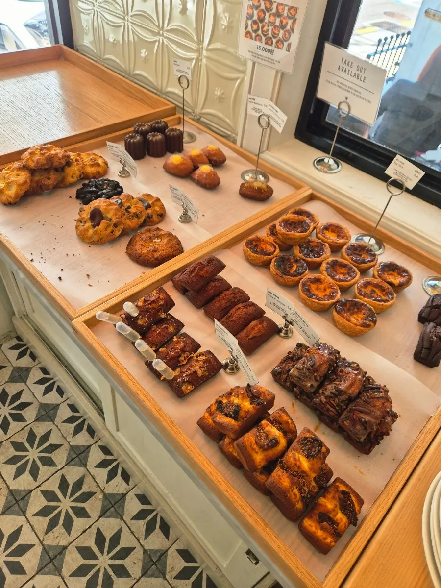 Baked goods arranged in the display case