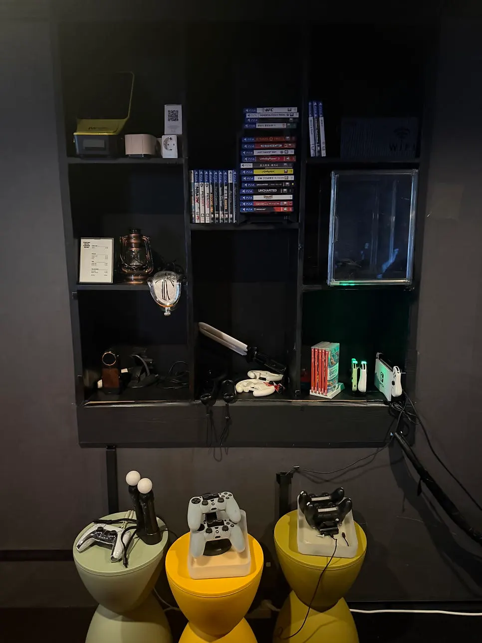 Private theater seating with gaming console set up