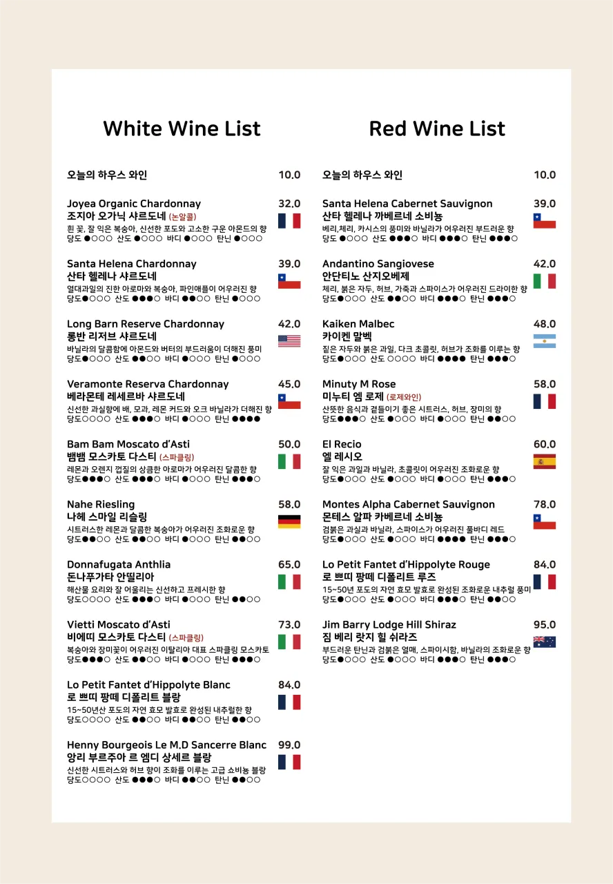 Wine list for pairing with the meal