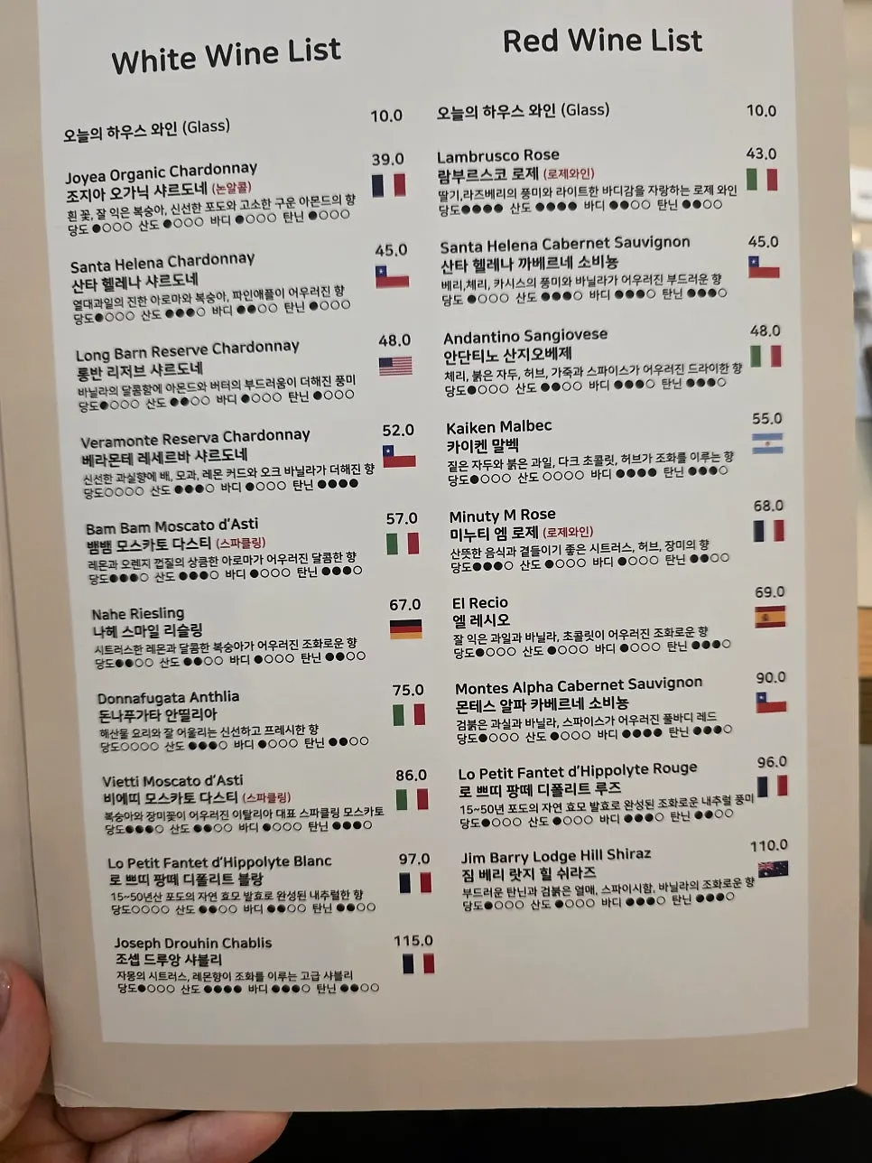 Menu with desserts, coffee, and wine