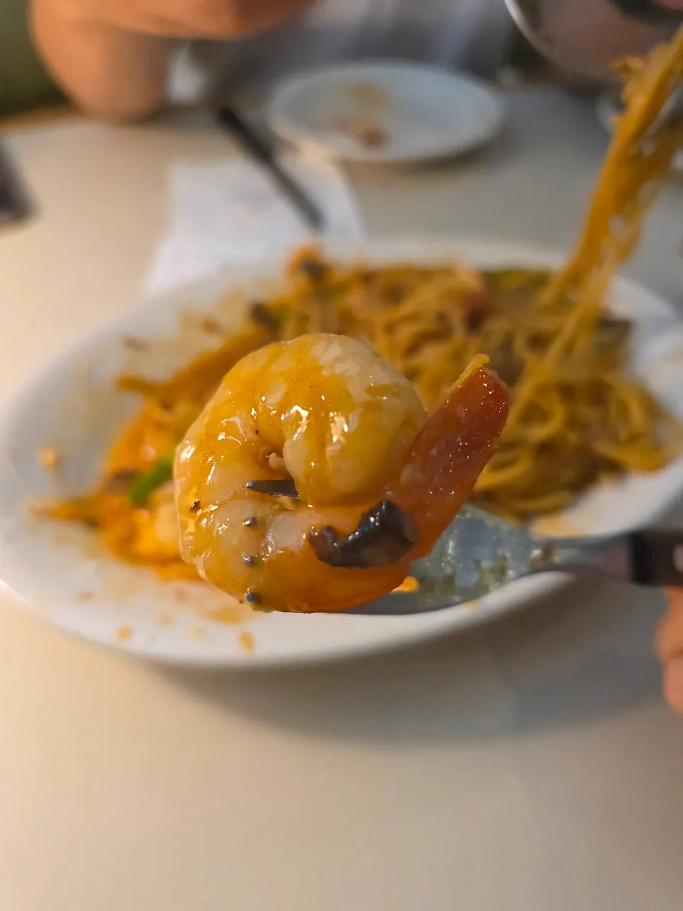 Pasta loaded with plump shrimp