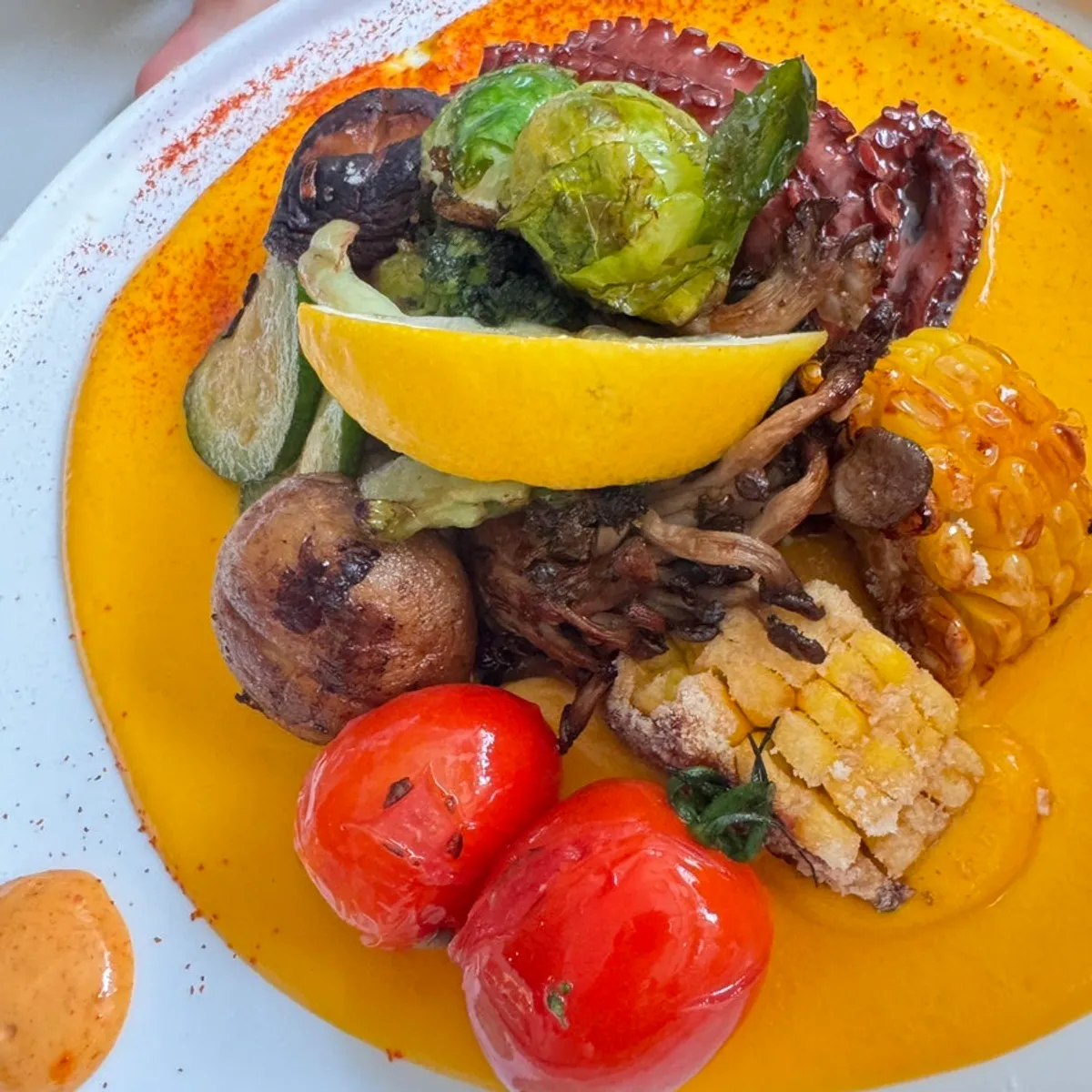 SEAL stone octopus steak served over pumpkin purée