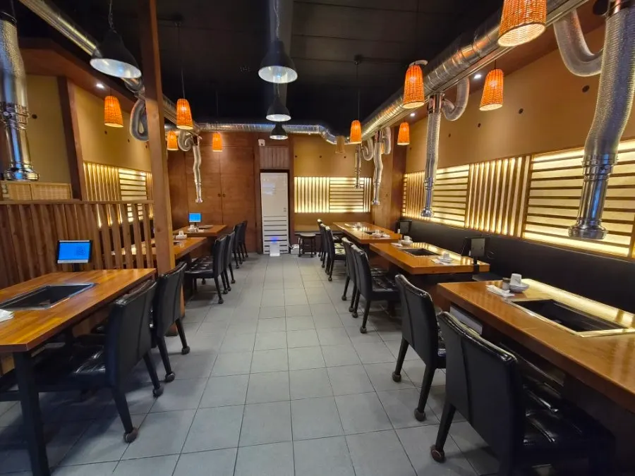 Wood-toned interior of the eel restaurant
