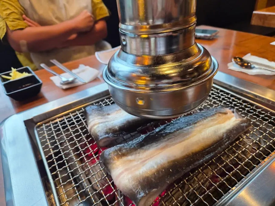 Japonica eel folded in half on the grill plate