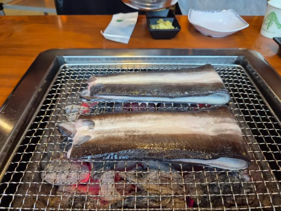 Large eel cooking over the charcoal