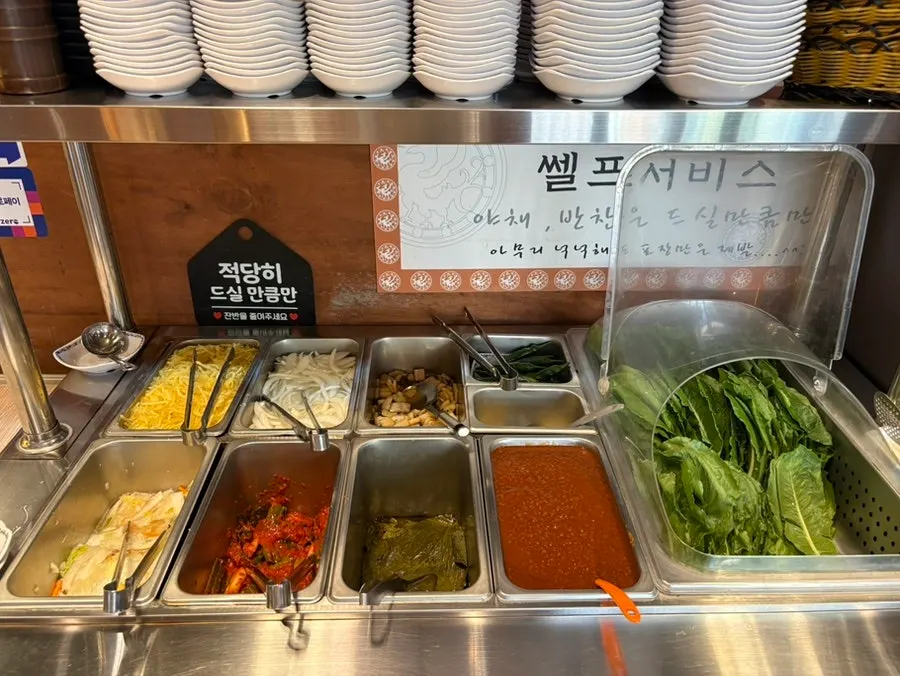 Full spread of side dishes served with eel