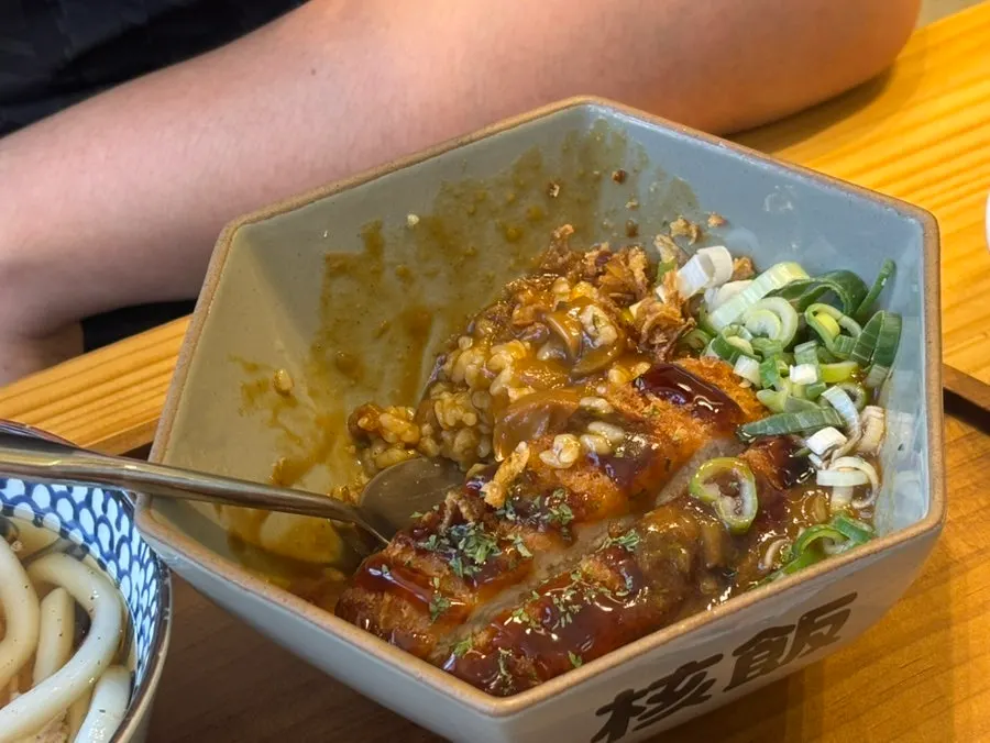 Pork cutlet curry set served with udon and fried chicken
