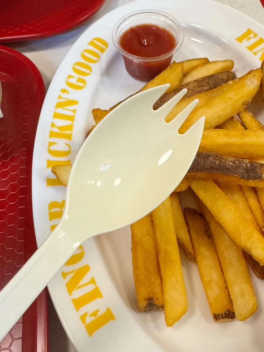 Fork-spoon served alongside the fries and rice bowl