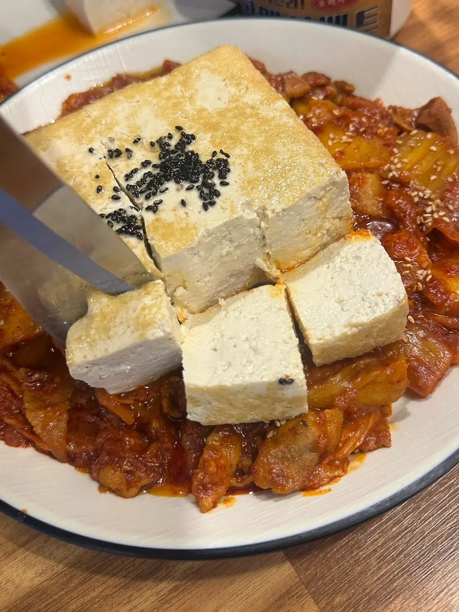 A plate of tofu kimchi, a classic drinking snack