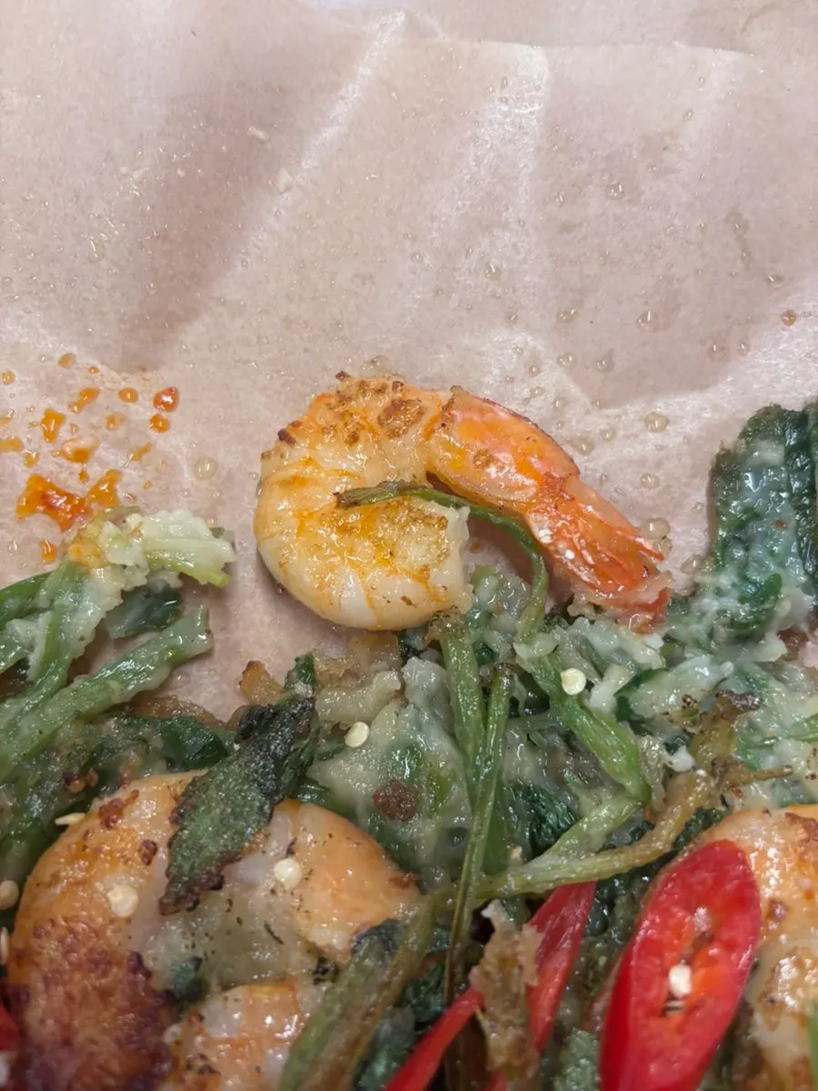 Cross-section of the minari shrimp jeon showing plump shrimp