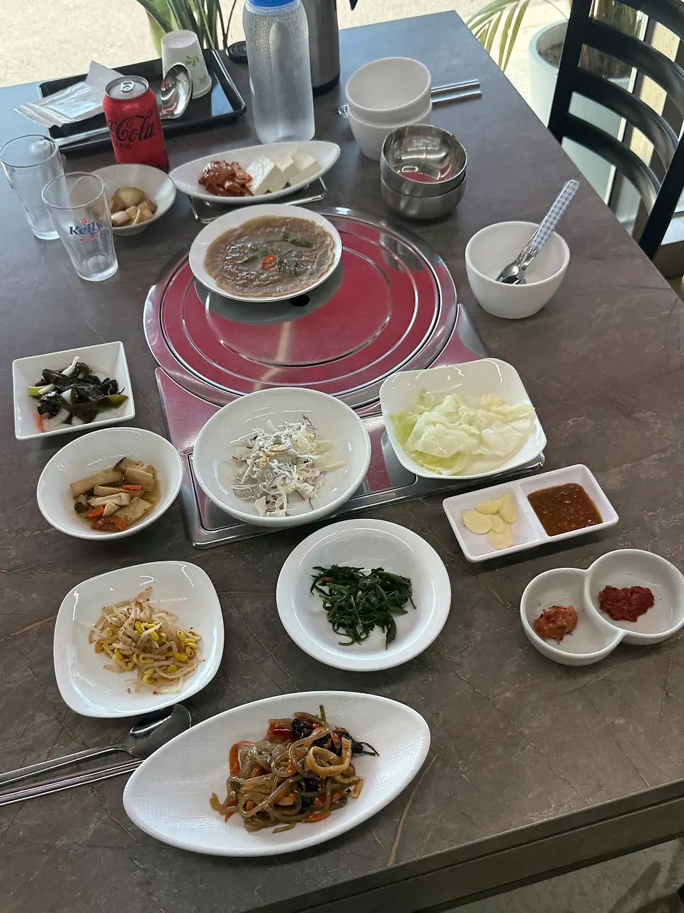 A variety of namul and japchae side dishes