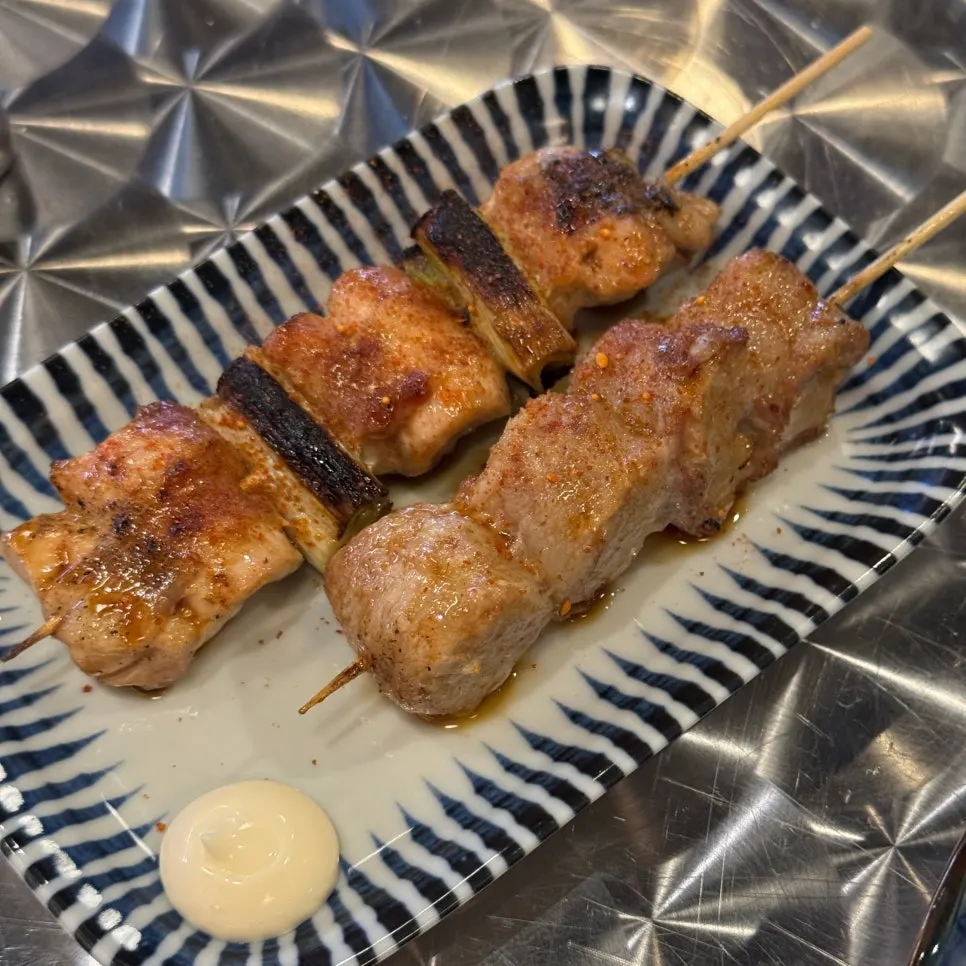 Chicken thigh skewer topped with scallions
