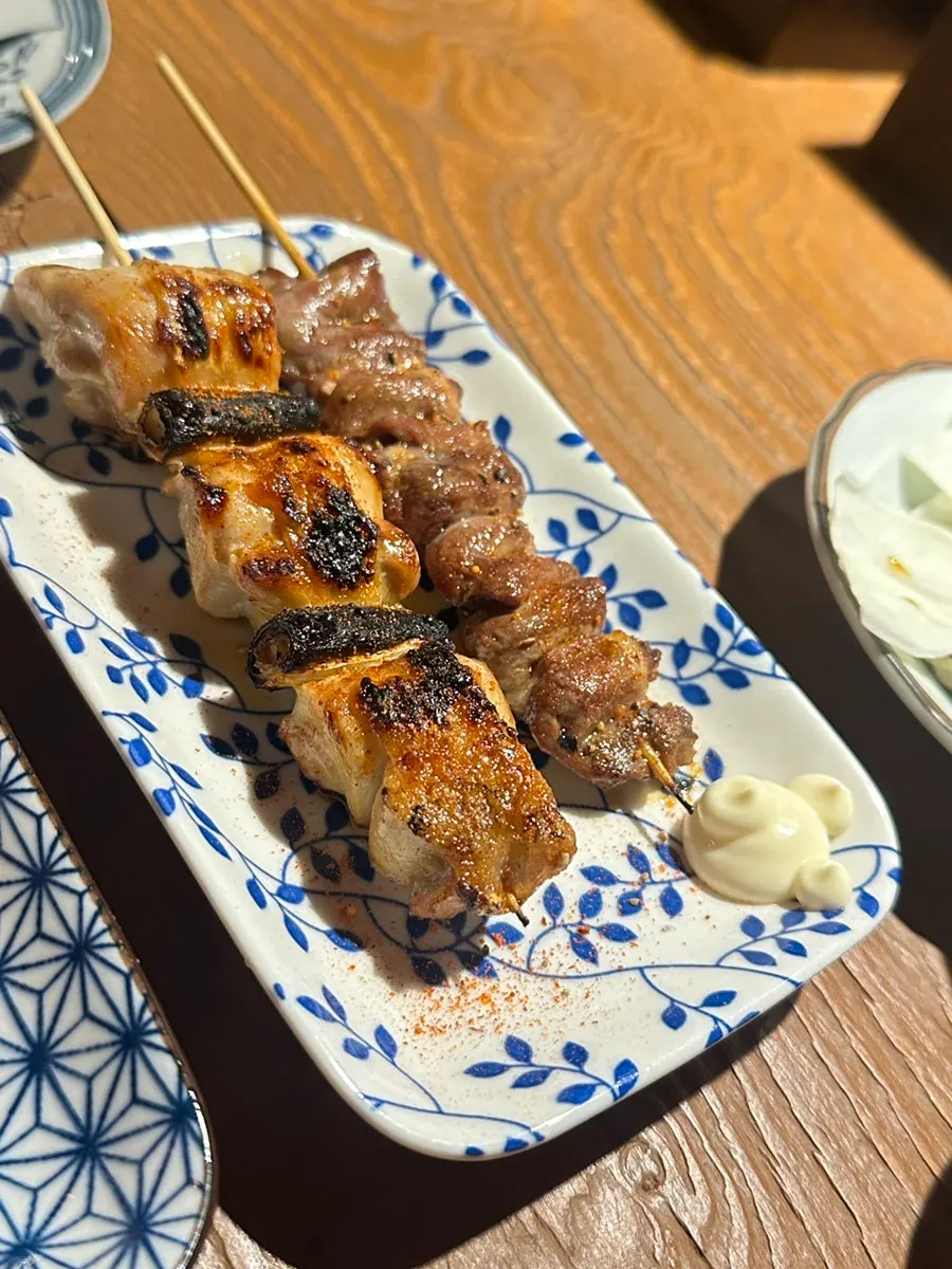 숯불에 구운 야키토리 꼬치 클로즈업