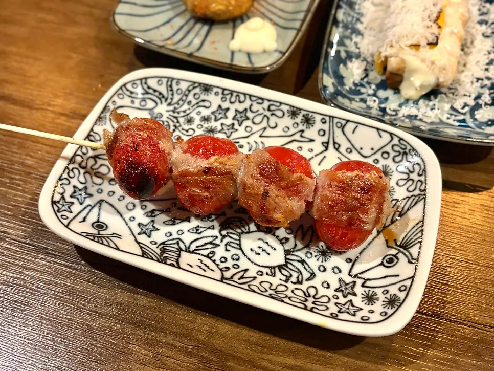 Close-up of an omakase skewer