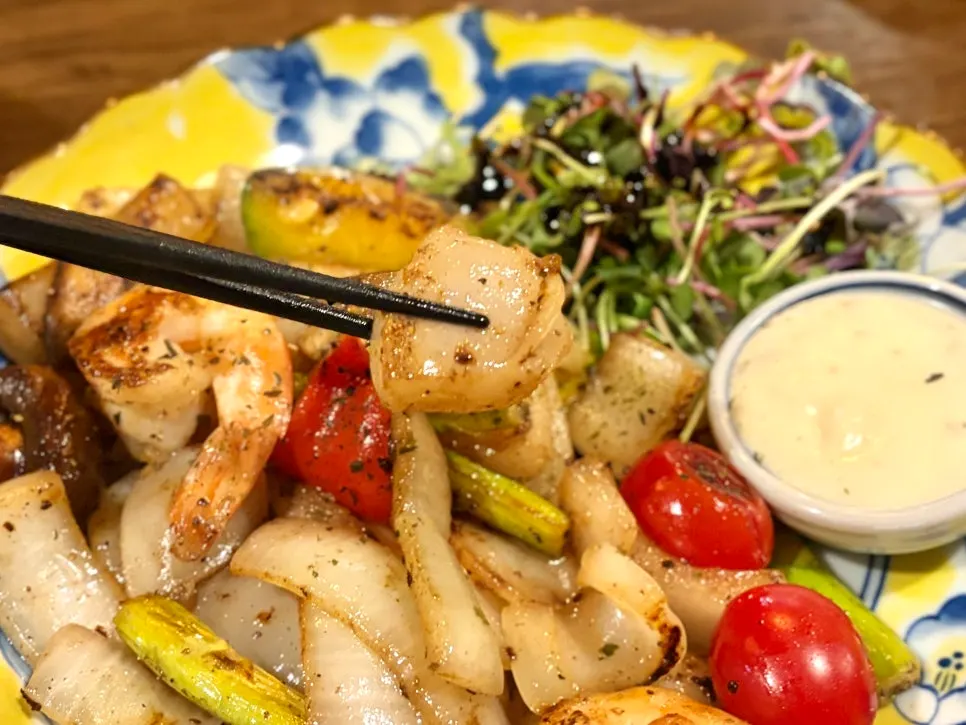 Close-up of buttered shrimp and scallops