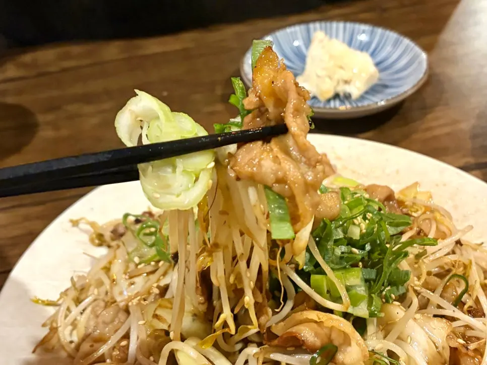 Stir-fried pork belly with bean sprouts, good for sharing