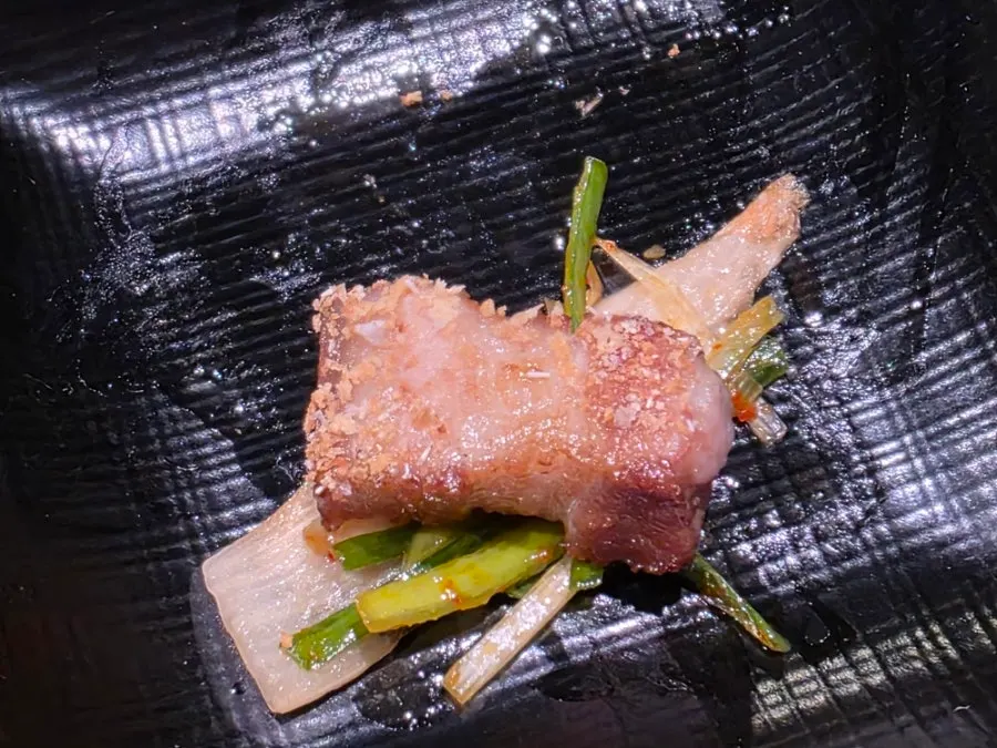 A piece of black pork topped with scallion shreds and side dishes