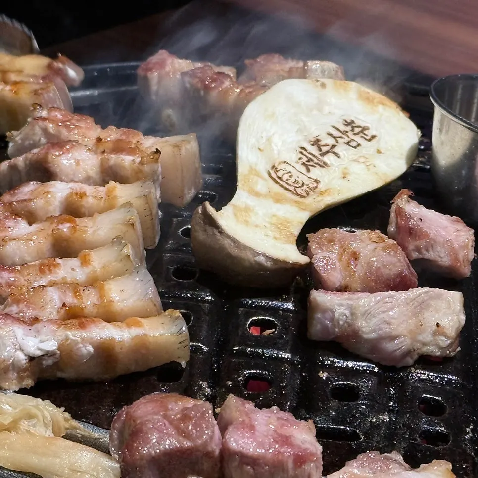 Golden-brown pork belly with mushrooms