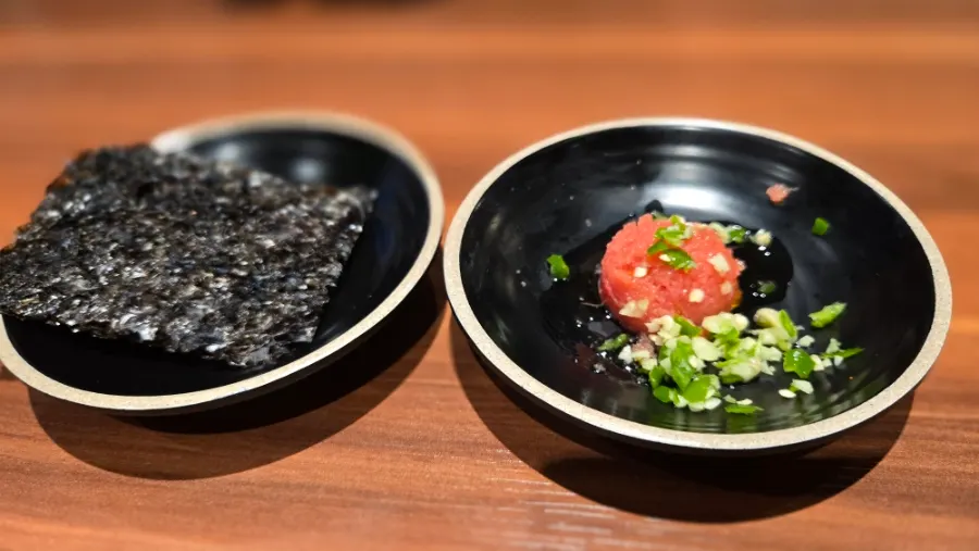 Hamdeok black pork with pollack roe and seaweed pairing, and cold noodles, at Jeju Samchun