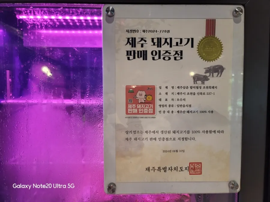 Certificate for Jeju pork sales displayed on the store wall