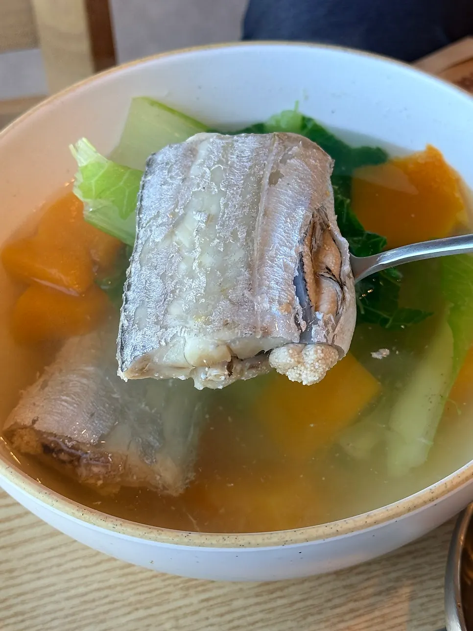 Galchi guk showing soft hairtail fish flesh