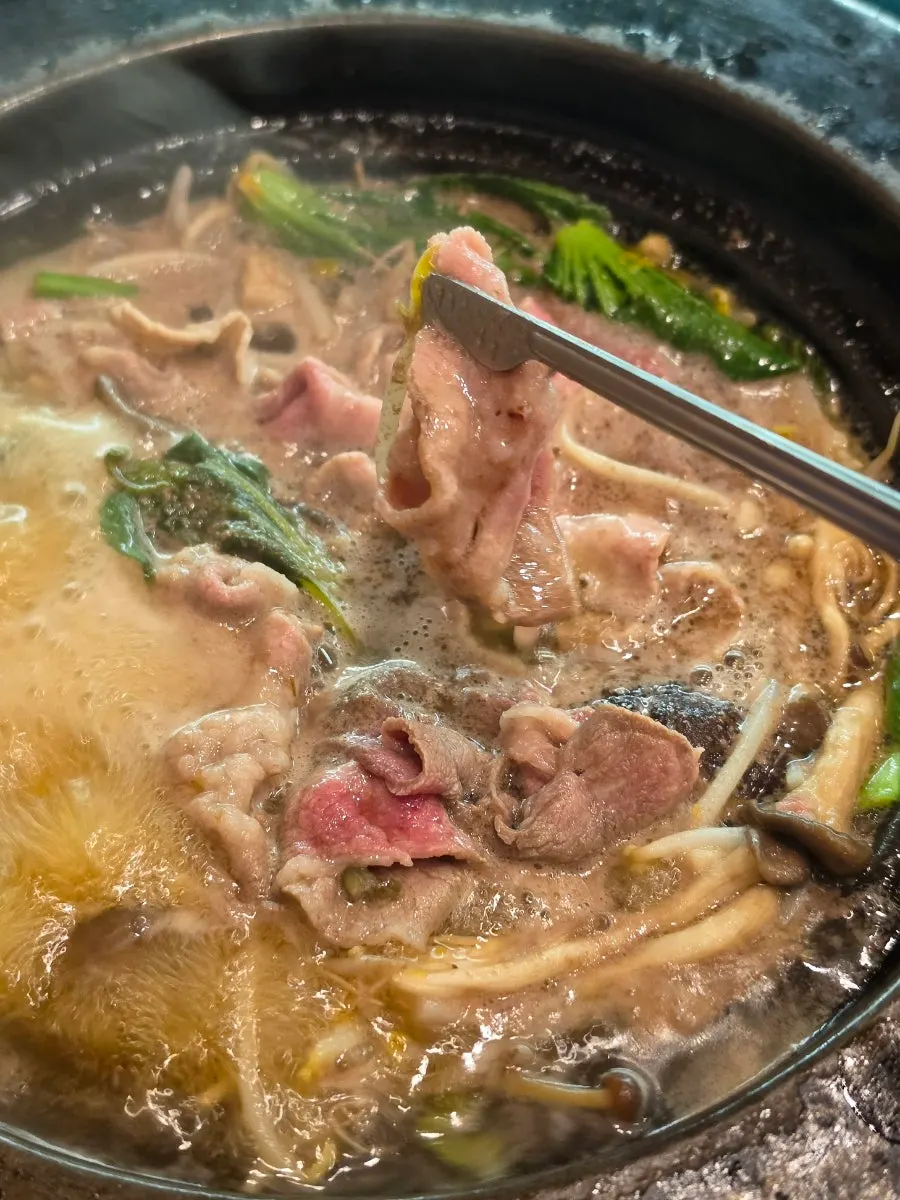 Pot of shabu-shabu simmering full of vegetables