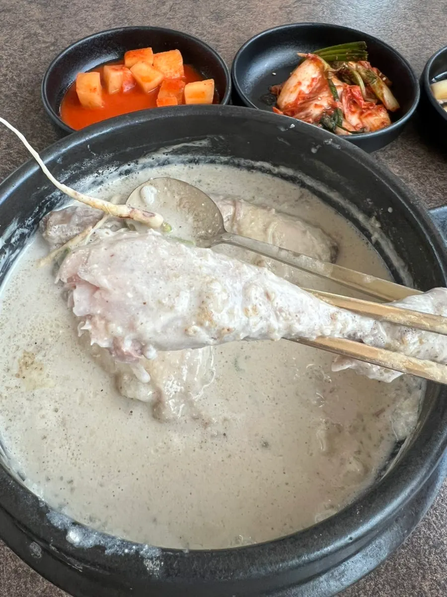A bowl of Baekheukdam's perilla seed samgyetang