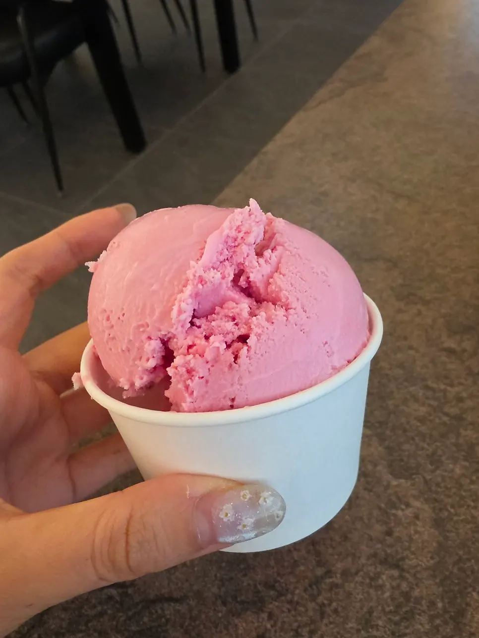 Pink ice cream served for dessert