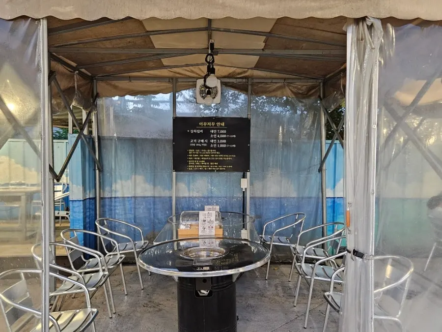 Charcoal table and fan in the outdoor tent