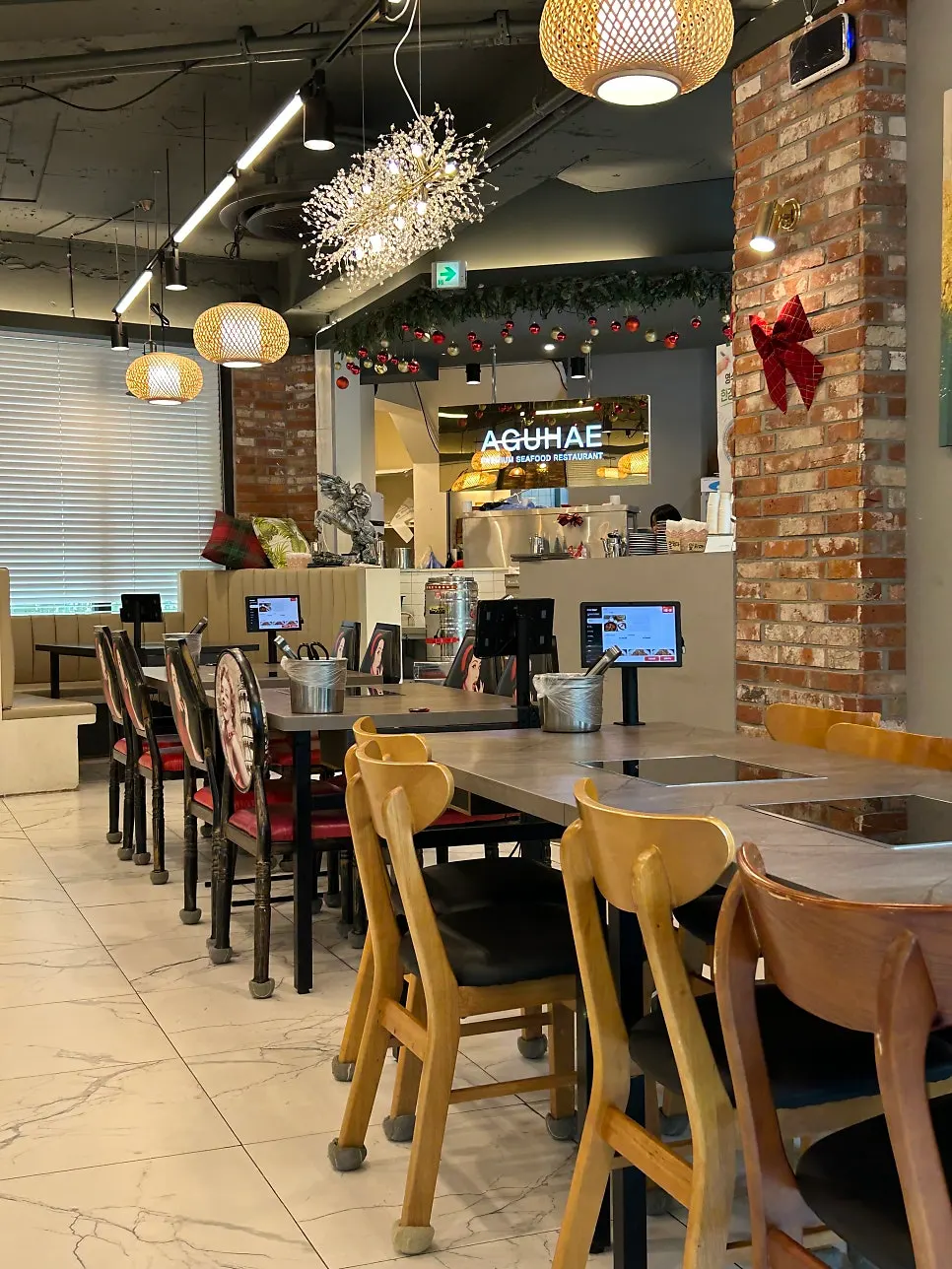 Restaurant interior with families dining