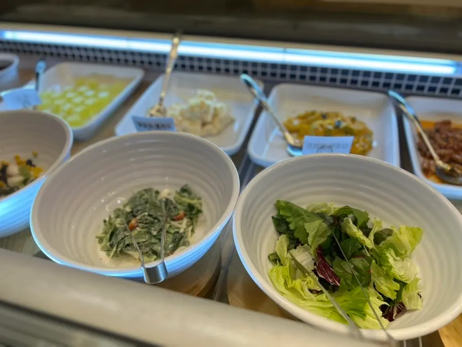 A plate with small portions from the salad bar