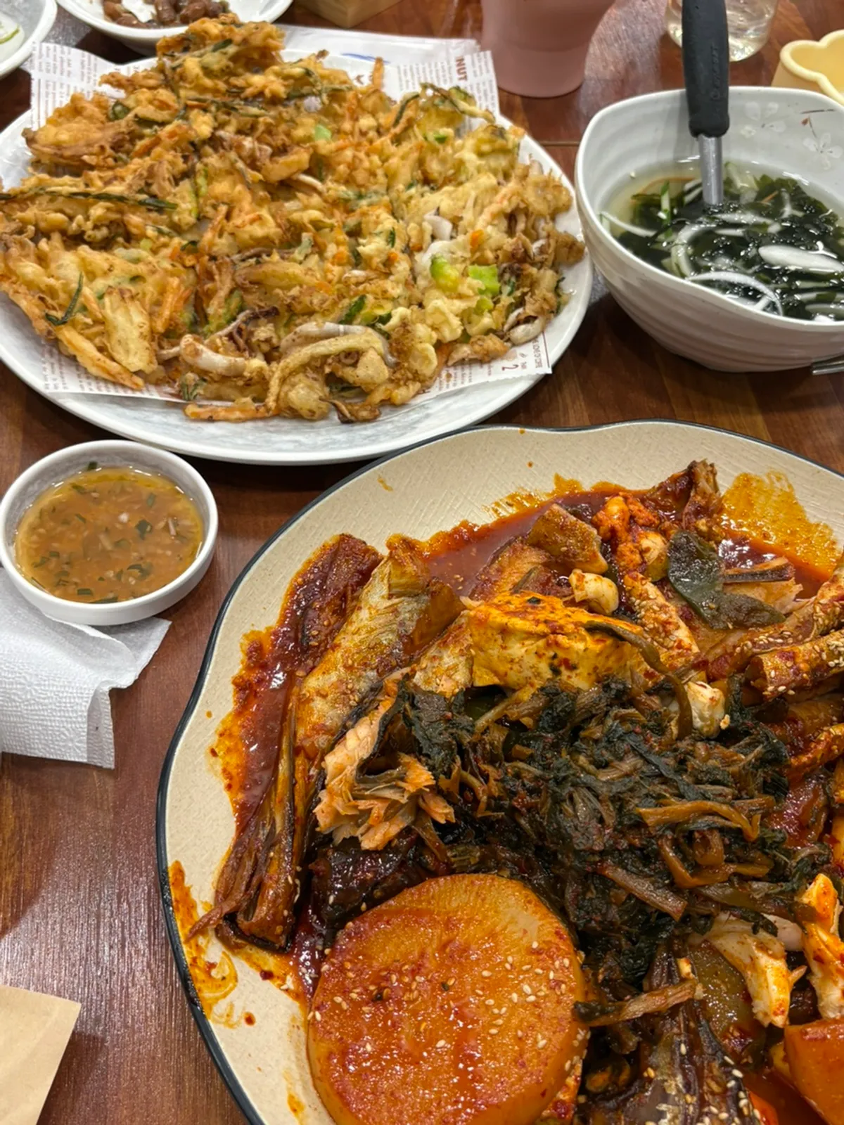 Crispy seafood pancake with squid, shrimp, and vegetables