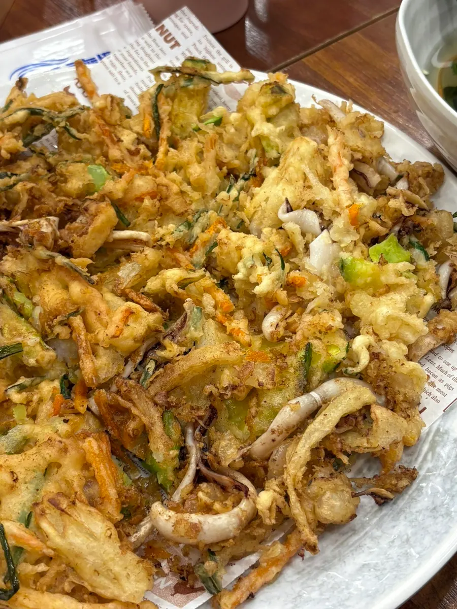 Crispy seafood pancake with squid, shrimp, and vegetables