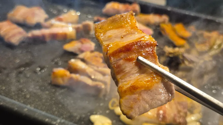 A well-cooked piece of pork belly