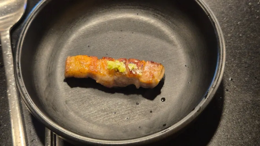Pork belly dipped in salt and wasabi