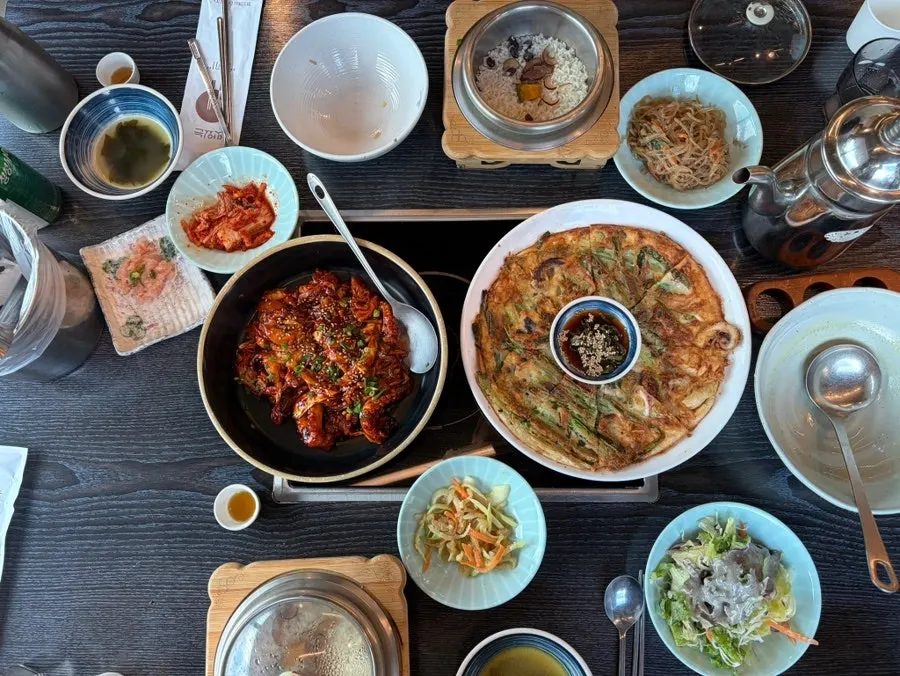 Full table setting with jjukkumi set and all the side dishes