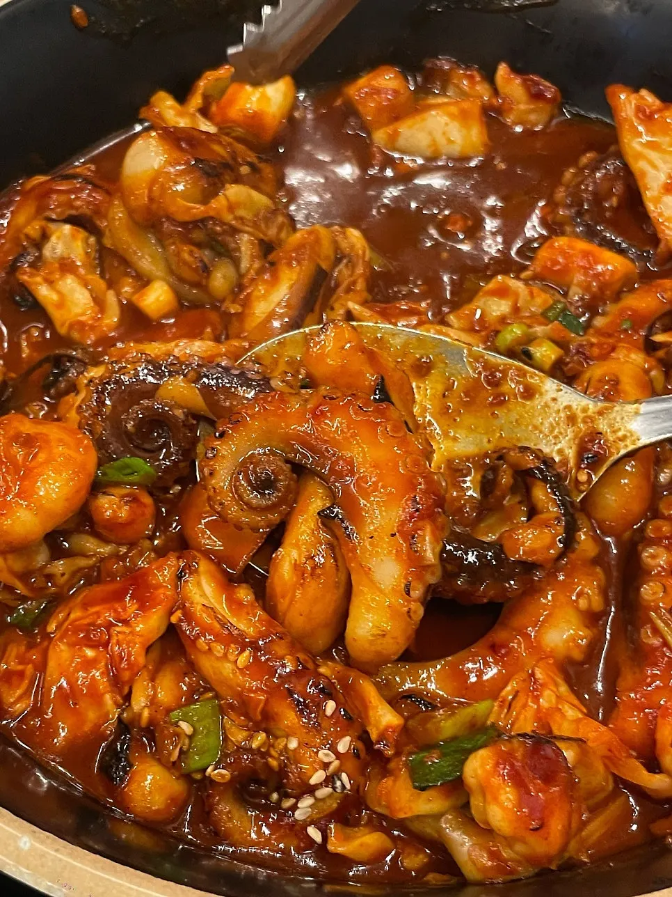 Close-up of smoky, charred jjukkumi