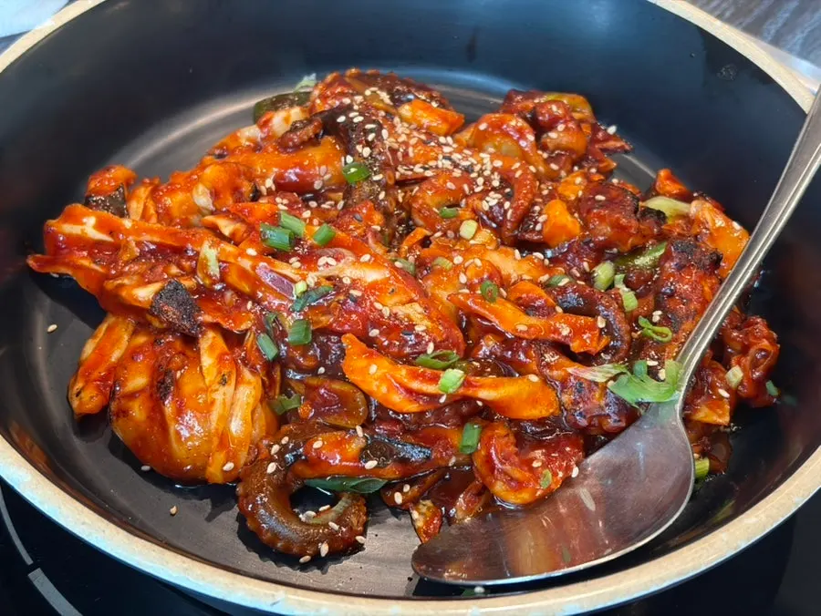 Seaweed soup, japchae, and pollack roe side dishes