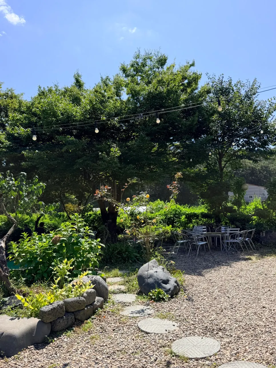 Garden-like space in front of the restaurant