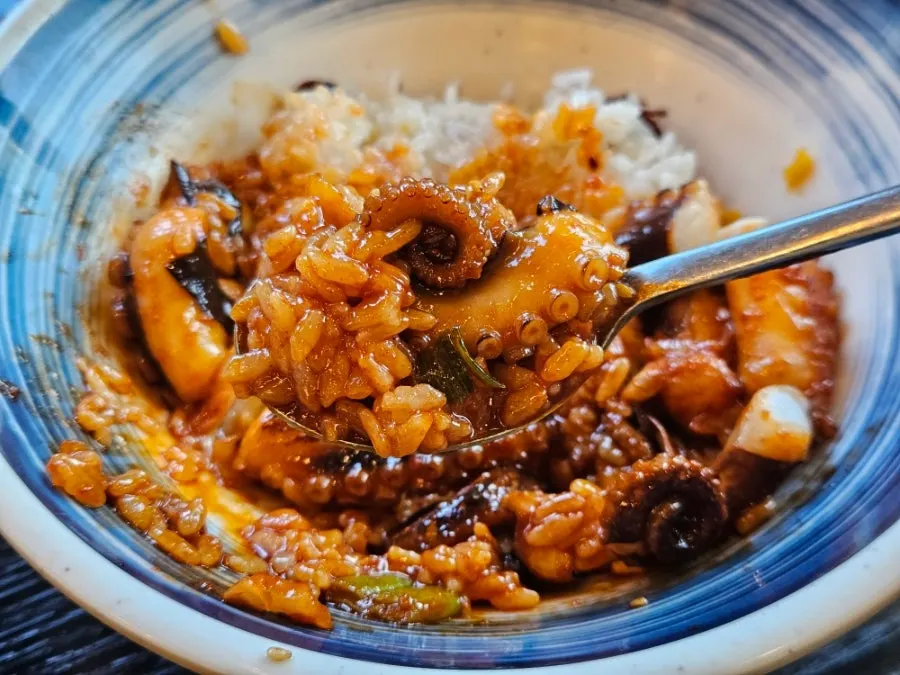 Hot-pot rice mixed with perilla oil and jjukkumi