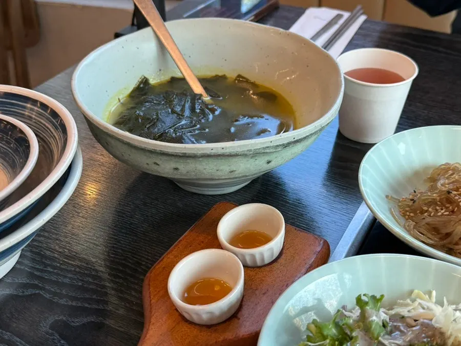 Seaweed soup and banchan spread